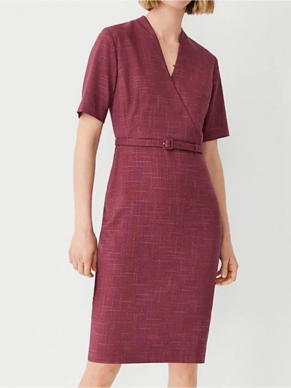 Anne Taylor Wine Red Wrap Sheath Midi Dress